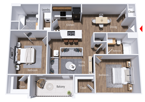 Floor plan for 2 beds, 2 baths, 1049 sqft